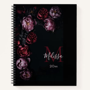 Carnet Fleurs 3D romantiques sombres Monogramme noir