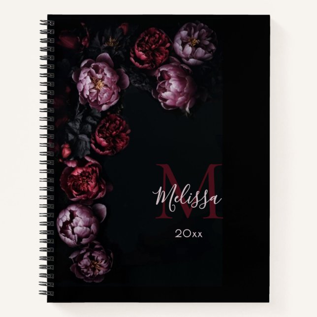 Carnet Fleurs 3D romantiques sombres Monogramme noir (Devant)