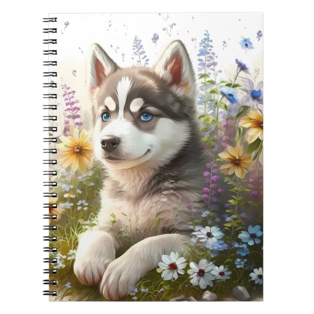 Carnet Fleurs à l'aquarelle et chiot husky sibérien (Devant)