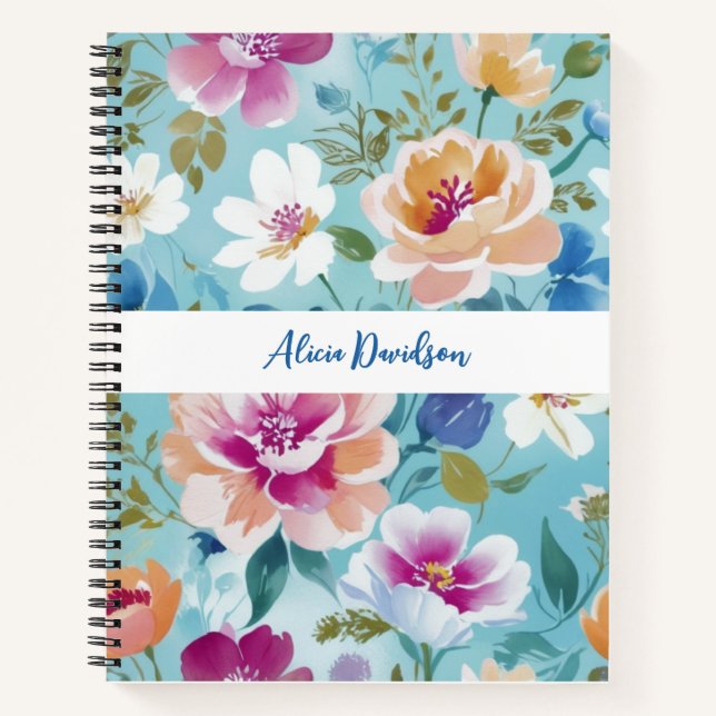 Carnet Fleurs aquarelle bleue douce | votre nom (Devant)