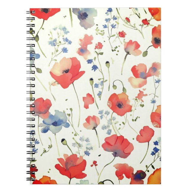 Carnet Fleurs aquarelles bleues et rouges (Devant)