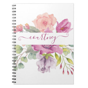 Carnet Fleurs aquarelles rose et pêche personnalisées
