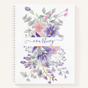 Carnet Fleurs aquarelles rose et violet personnalisées  