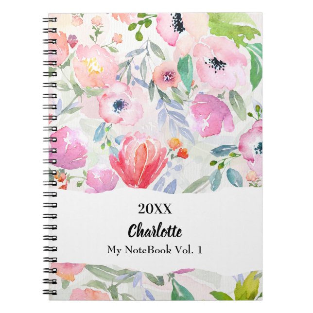 Carnet Fleurs aquarelles roses violettes (Devant)