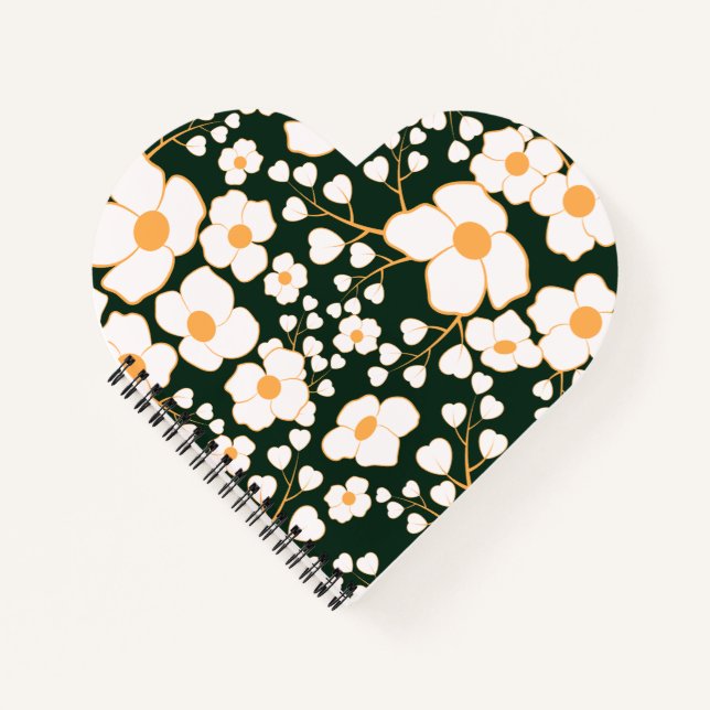 Carnet Fleurs blanches à centre jaune et fond vert (Devant)