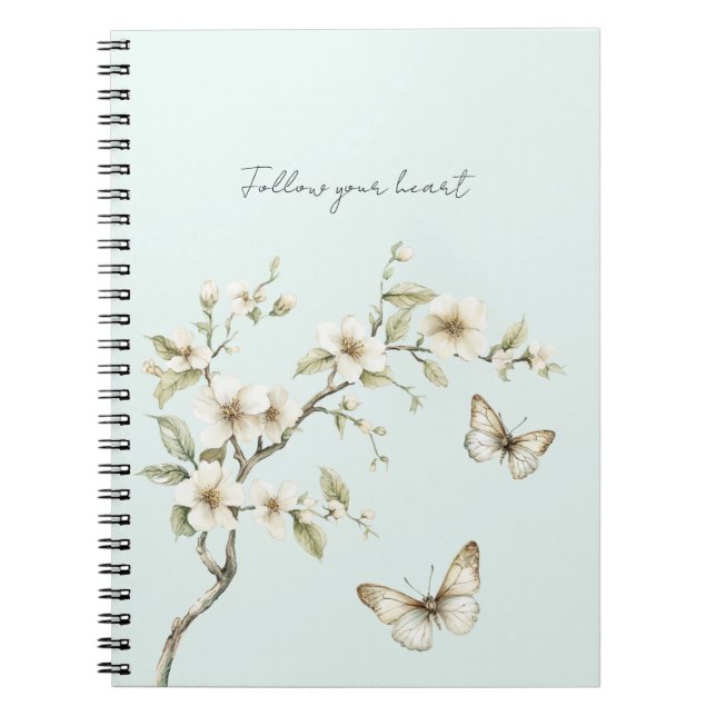 Carnet Fleurs blanches à la menthe Papillons   (Devant)