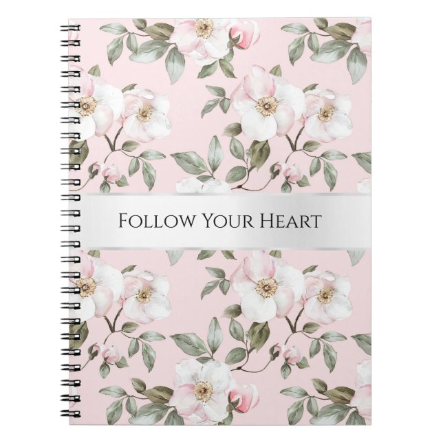 Carnet Fleurs blanches roses blush argentées blanches  (Devant)