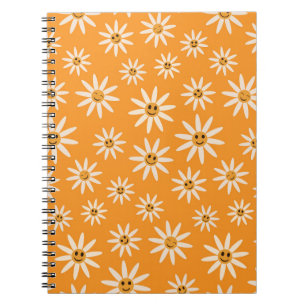Carnet Fleurs blanches souriantes rétro sur fond orange 