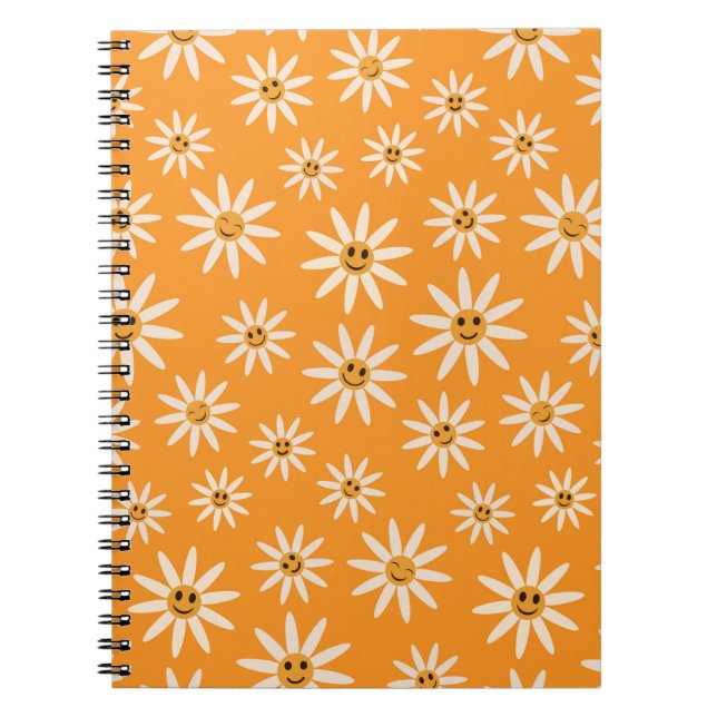 Carnet Fleurs blanches souriantes rétro sur fond orange  (Devant)