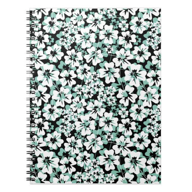 Carnet Fleurs blanches, turquoise sur le noir. (Devant)