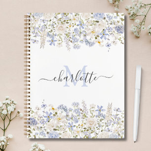 Carnet Fleurs Bleues Aquarelle Élégant Monogramme Script