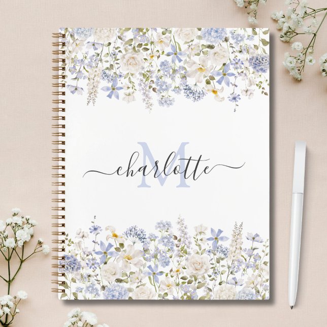 Carnet Fleurs Bleues Aquarelle Élégant Monogramme Script (Créateur téléchargé)
