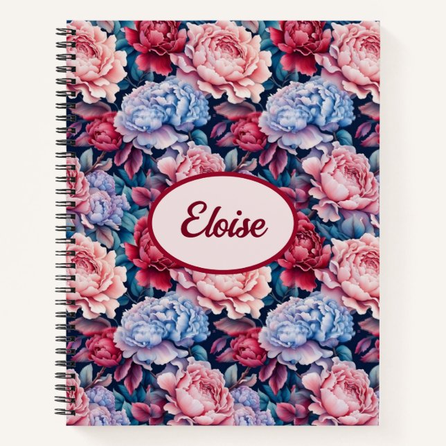 Carnet Fleurs bleues et roses Personnalisées (Devant)