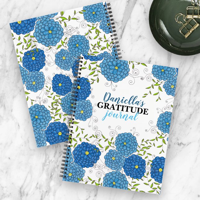 Carnet Fleurs bleues ornées et Gratitude Feuille verte (Créateur téléchargé)