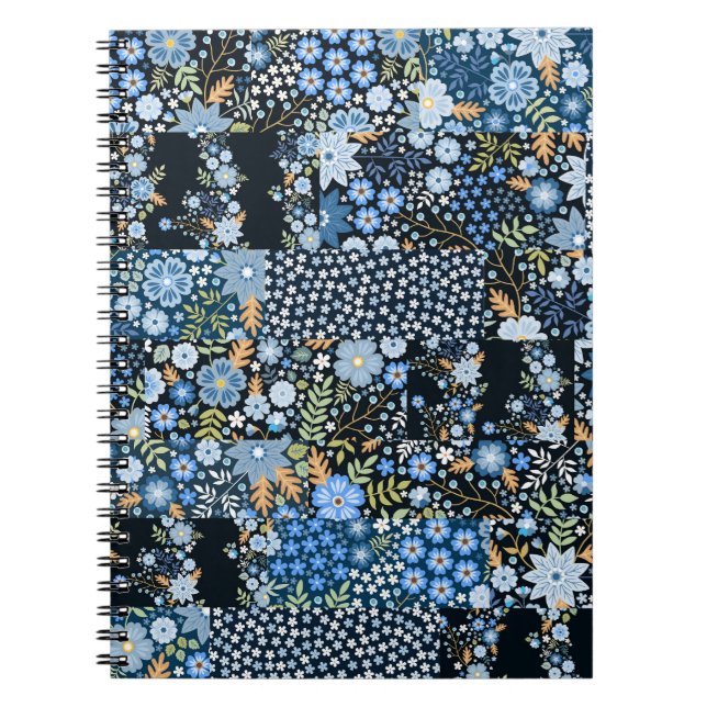 Carnet Fleurs Bleues Patchwork : Tissu sans couture. (Devant)