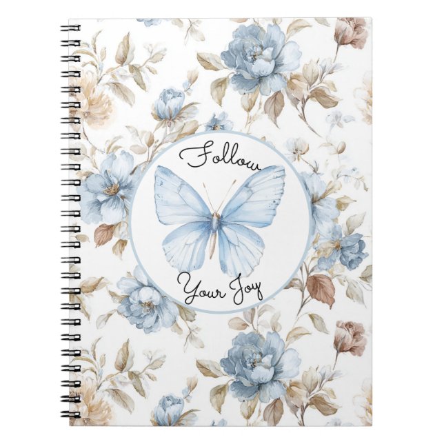 Carnet Fleurs bleues romantiques feuilles brunes papillon (Devant)