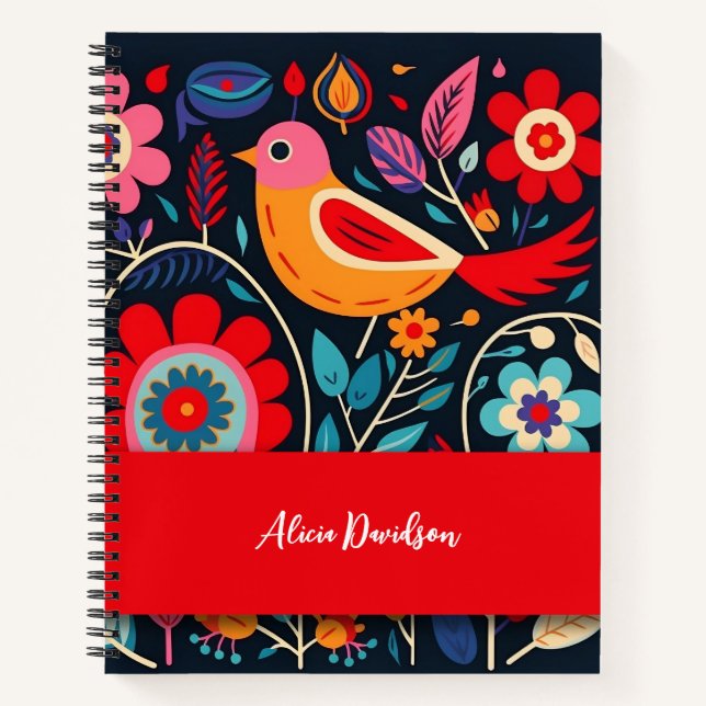 Carnet Fleurs Boho Folk Oiseau | votre nom (Devant)
