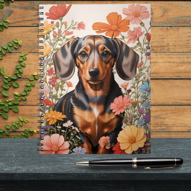 Carnet Fleurs Brown De Dachshund Et Cosmos (Créateur téléchargé)