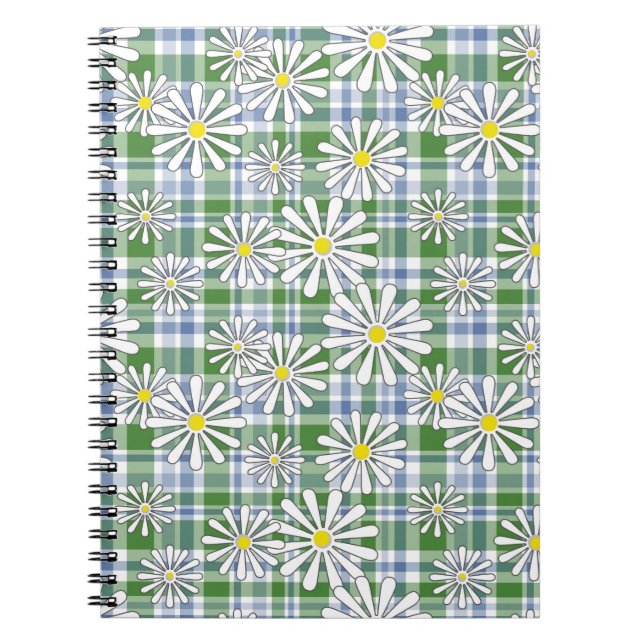 Carnet Fleurs chamomiles blanches sur à damiers bleu vert (Devant)