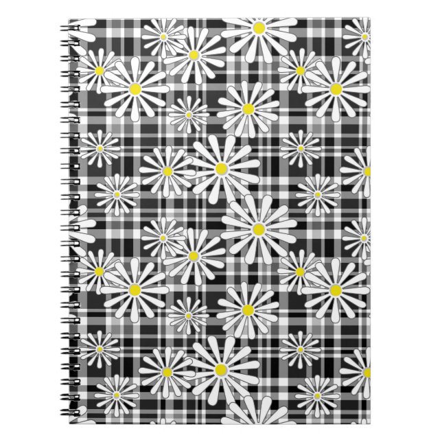 Carnet Fleurs chamomiques blanches sur à damiers noir bla (Devant)