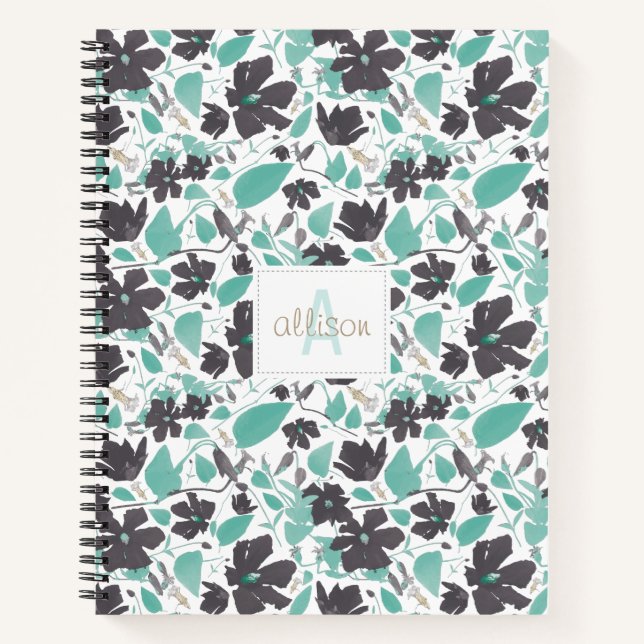 Carnet Fleurs Clematis Motif Brown Turquoise Avec Monogra (Devant)