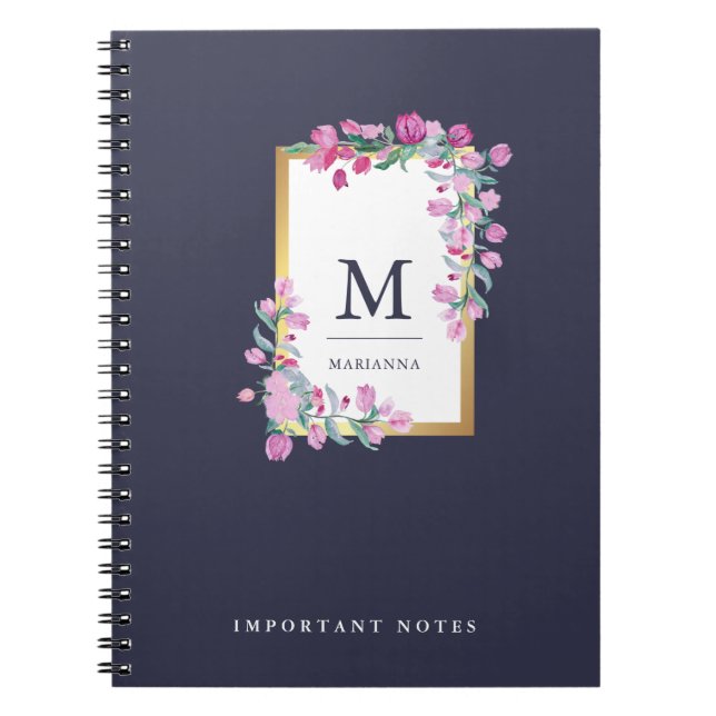 Carnet Fleurs d'aquarelle bleu nuit, or et rose (Devant)