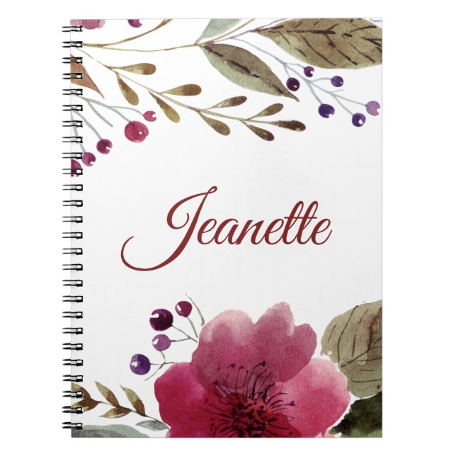 Carnet Fleurs d'aquarelle Bourgogne Monogrammes (Devant)