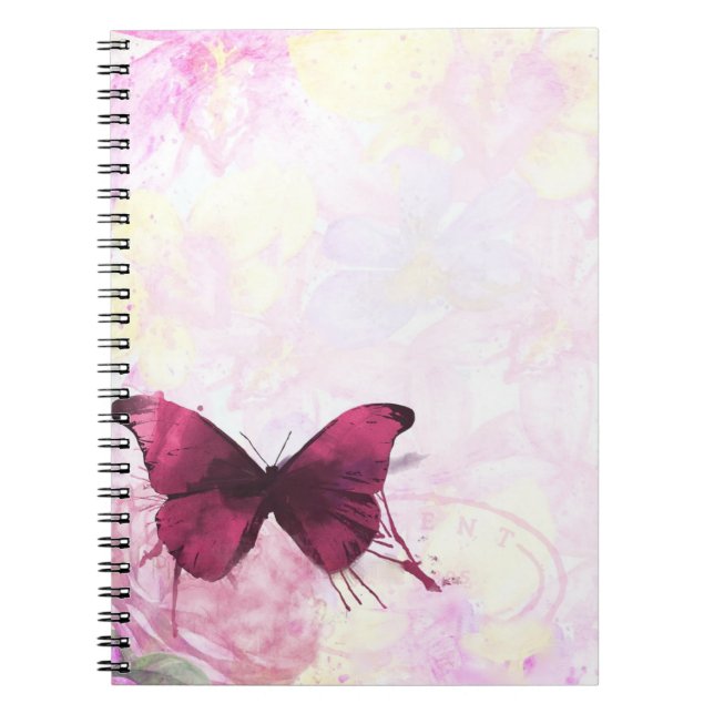 Carnet Fleurs d'aquarelle rose et jaune avec papillon (Devant)