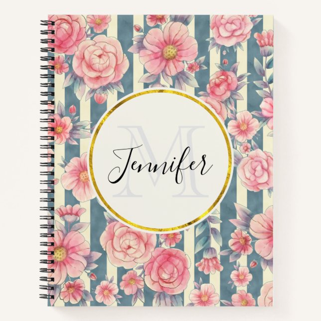 Carnet Fleurs d'aquarelle rose sur bandes Monogramme (Devant)