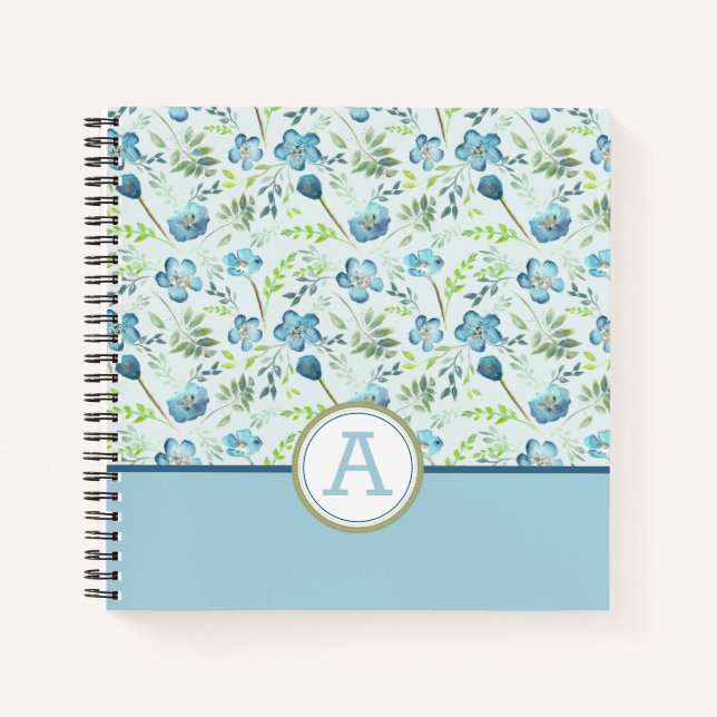 Carnet Fleurs d'aquarelle vert Boho Monogrammé (Devant)