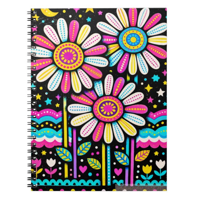 Carnet Fleurs d'art populaire fantaisistes colorées (Devant)