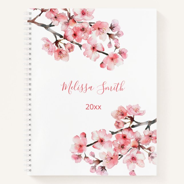 Carnet Fleurs de cerisier rose blanc Votre nom (Devant)