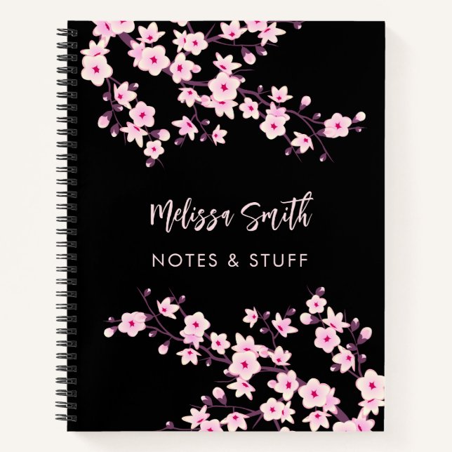 Carnet Fleurs de cerisier rose noir Votre Nom (Devant)
