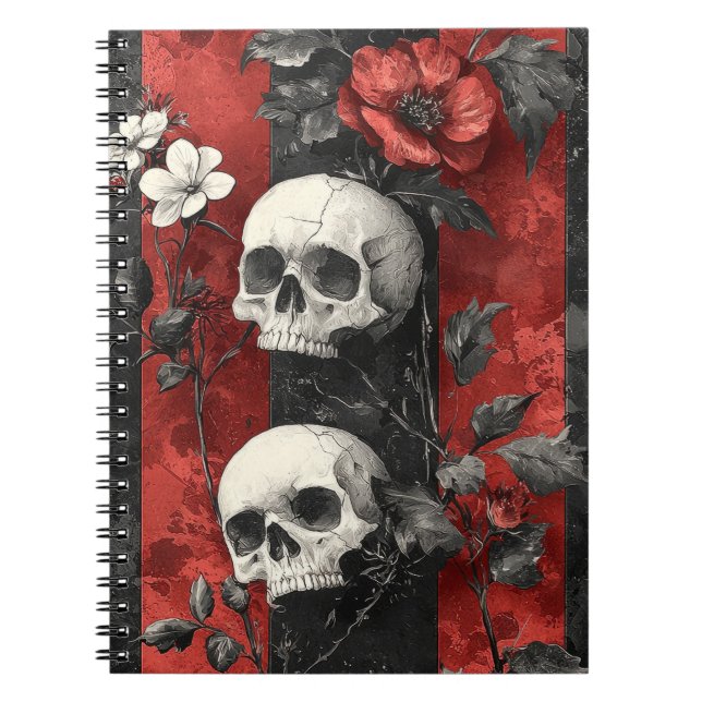 Carnet Fleurs de crânes gothiques sombres Rayure rouge et (Devant)
