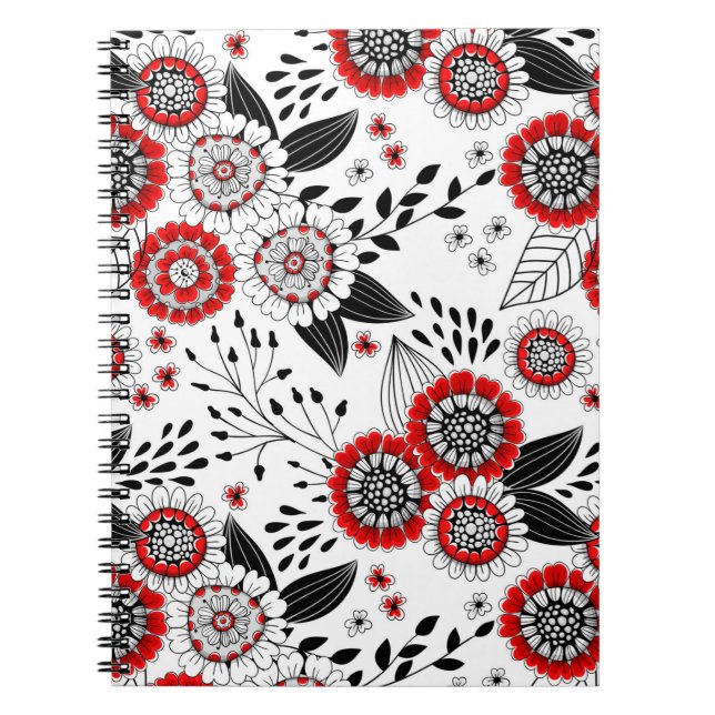 Carnet Fleurs de gribouillis et feuilles en rouge et noir (Devant)