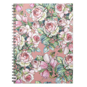 Carnet Fleurs de jardin rose avec tulipes peintes en wate