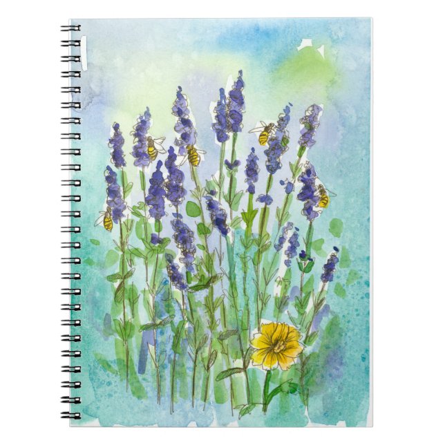 Carnet Fleurs de lavande aquarelle abeilles bleu sarcelle (Devant)