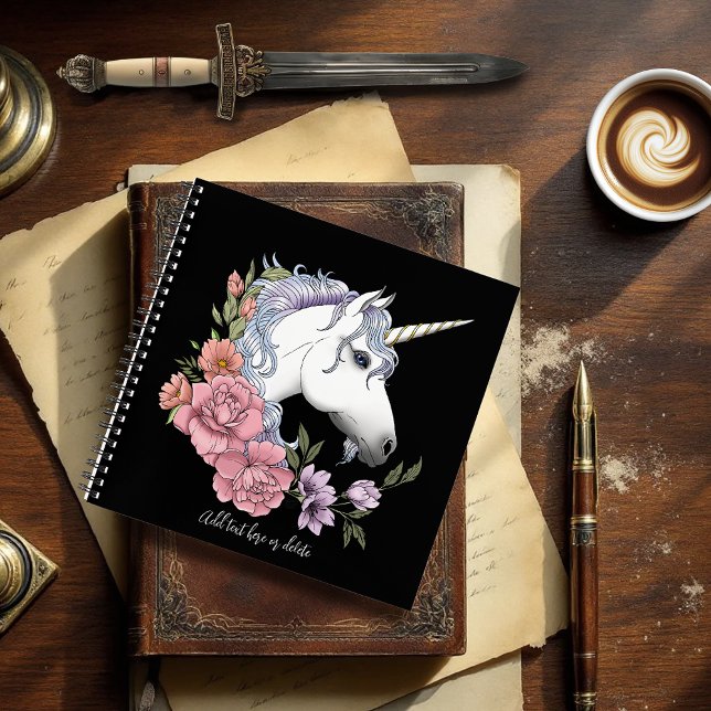 Carnet Fleurs de licorne blanche enchantée rose noir (Créateur téléchargé)