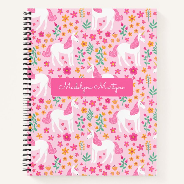 Carnet Fleurs de licorne mignonnes rose nom personnalisé (Devant)