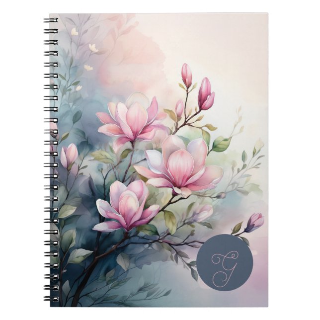Carnet Fleurs de magnolia rose botanique monogrammé (Devant)