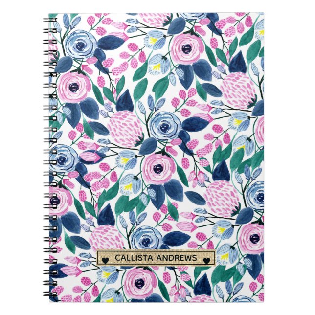 Carnet Fleurs de marine rose douce Aquarelle or Monogramm (Devant)