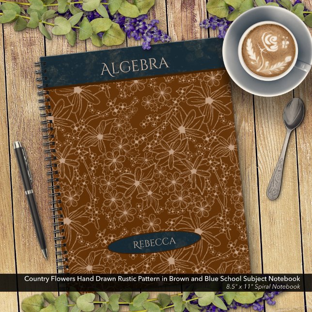 Carnet Fleurs de pays Brown Blue School Nom du sujet (Country Flowers Rustic Pattern in Brown and Blue School Notebook: Personalize Name and Class Subject)