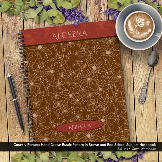 Carnet Fleurs de pays Brown Red School Nom du sujet (Country Flowers Rustic Pattern in Brown and Red School Notebook: Personalize Name and Class Subject)