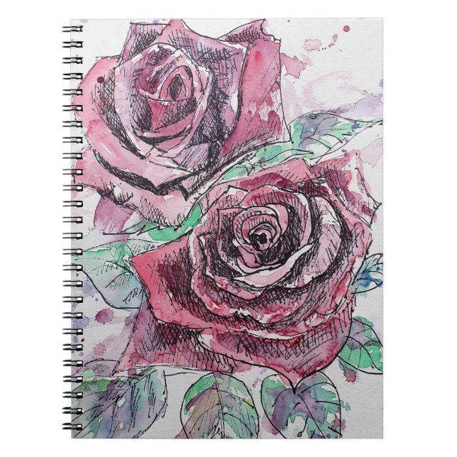 Carnet Fleurs de peinture à l'aquarelle de rose rouge Fle (Devant)