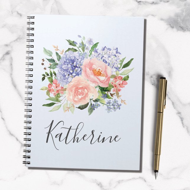 Carnet Fleurs de printemps bleu rose aquarelle monogrammé (In situ)