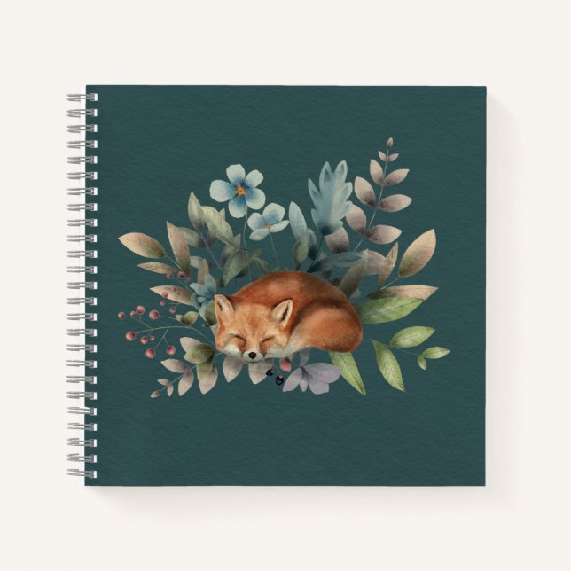 Carnet Fleurs de Renard Endormi Feuilles Fond Vert Foncé (Devant)