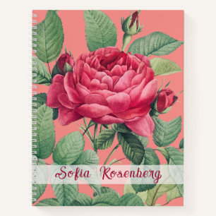 Carnet Fleurs de rose rouge avec Monogramme Feuille vert