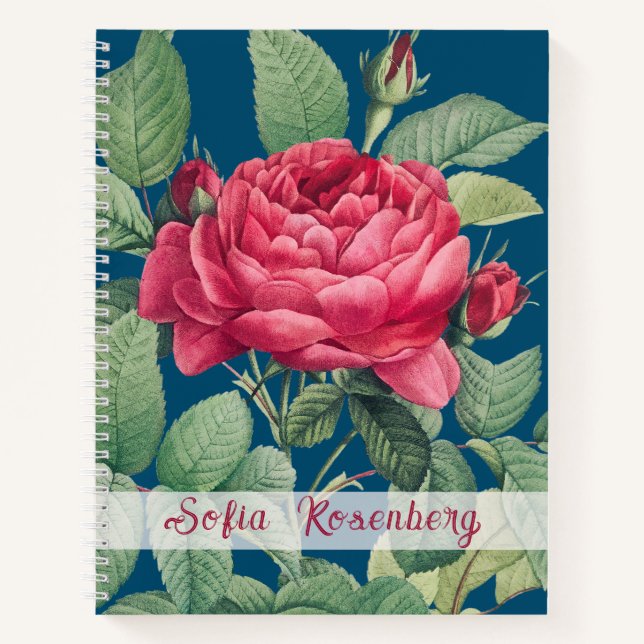 Carnet Fleurs de rose rouge avec Monogramme Feuille vert (Devant)