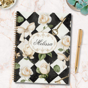 Carnet Fleurs de rose vintage en diamant noir et blanc Mo