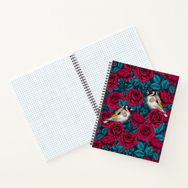 Carnet Fleurs de roses rouges et oiseaux d'or (Intérieur)